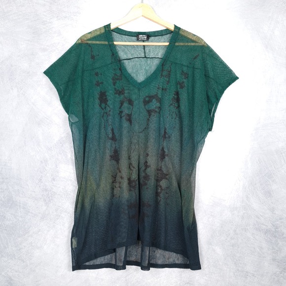 Art of Cloth Top Womens XS Green Black Ombre Mesh Short Sleeve Relaxed Shirt - Picture 1 of 16